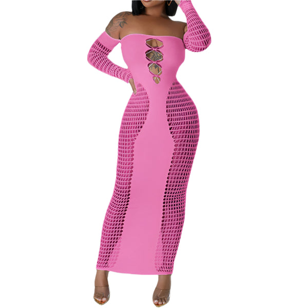 Pink Women's Solid Color Off-Shoulder Knitted Sheath Dress – Sexy Slim Fit Dress