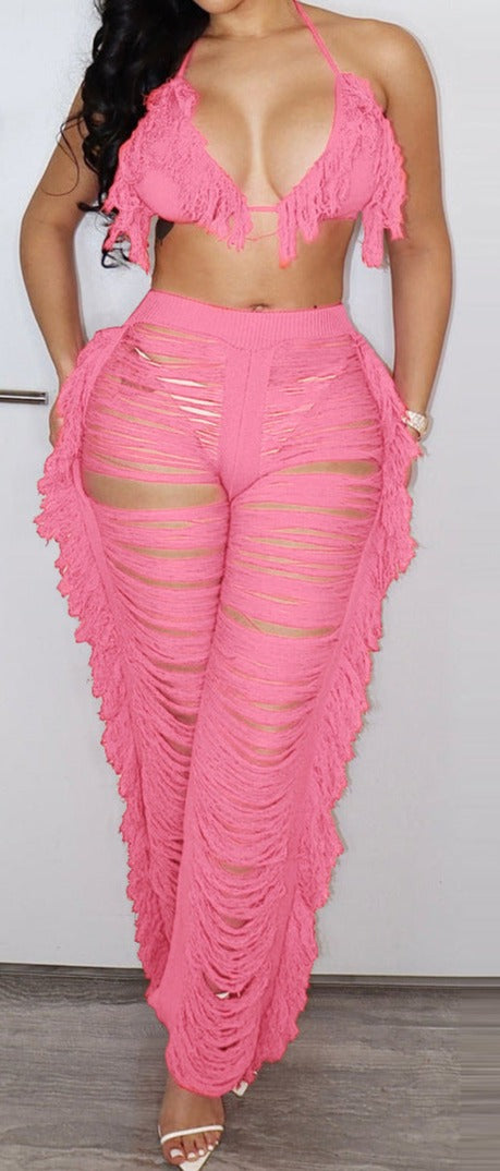 Women's Solid Color Sexy Halter Knit Pant Set