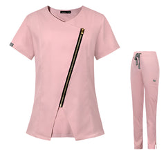Pink Sydney Spring Women's Medical Scrub Set - Short Sleeve Zipper Top & Nurse Pant, Comfortable & Stylish for Healthcare Professionals