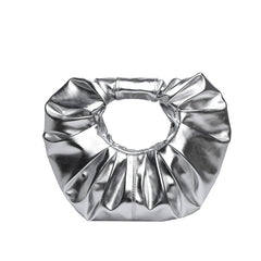 Silver Metallic Women's Trendy Oval Ruched Faux Leather Shoulder Stylish and Versatile Handbag 