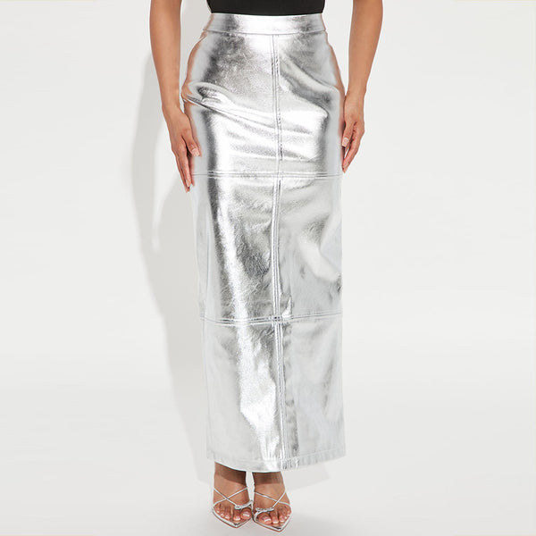 Radiate Elegance: EuroChic Slim Metallic Long Skirt for Effortless Glamour