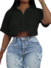 Plus Size Black Women’s Cropped Boyfriend May Shirt with Flap Pockets