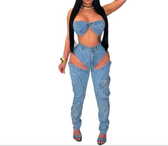 Women’s Texas Rodeo Denim 2-Piece Set Medium Wash Jeans Outfit