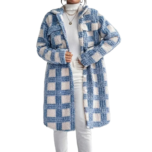 Women’s Blue Heavyweight Throw-On Coat in Stone Plaid
