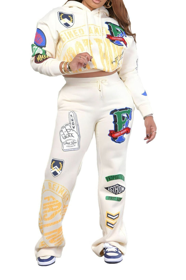 Chic Long-Sleeved Varsity Print Two-Piece Sweater Set - Fashionable & Comfortable