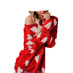 Red Women’s Plus Size Heart Knit Distressed Sweater Long Sleeve Pullover