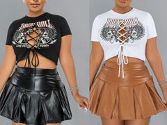 Short Sleeve Graphic Tee / Pleated Mini Skirt Set