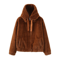 Brown Women's Plus Size & Petite Hooded Fleece Coat - Berber & Curly Borg Short line Jacket