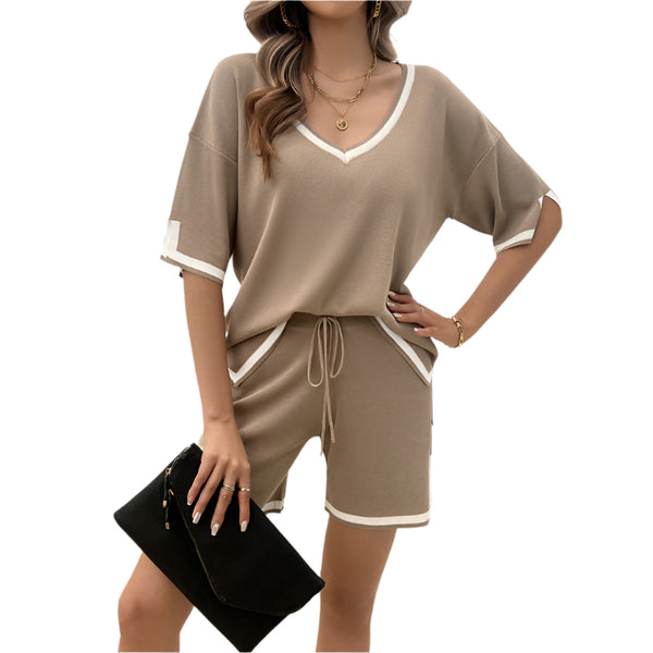 Khaki Women's Cozy Chic V-Neck Sweater Short Set Casual Loose Fit Lounge Outfit