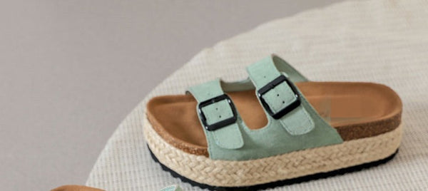 Women's Green Cushion Open Toe Raffia Sandal Slides