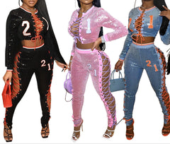 Glam Fusion Sequin & Lace-Up Pencil Pant Set