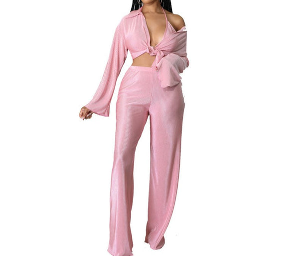 Pink Women's 3PC Pleated Pant Outfit Stylish 3-Piece Plissé Set
