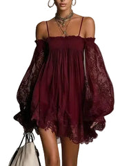 Red Wine Plus Size Women's Patchwork Mini Dress Loose Fit Street Style Fashion Dress