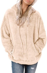 Women’s Oversized Boucle Hooded Cardigan – Cropped Button Jacket with Pockets