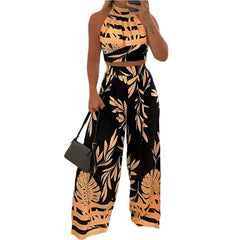Plus Size Women's Sleeveless Lined Tropical Pant Set – Vacation Night Outfit