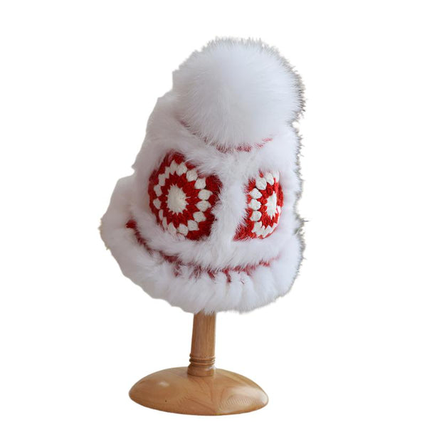 Red Luxury Fox Fur Pom Beanie - Winter Warm Crochet Hat with Plush Comfort