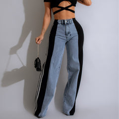 Fashion Casual High Waist Three Stripe Denim Wide Leg Pants