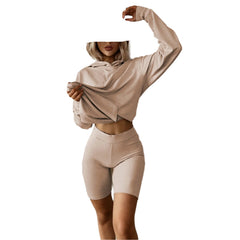 Khaki Women's Lightweight Summer Two-Piece Set – Casual Sweatshirt & Shorts Loungewear for Sport & Travel