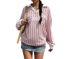 Pink Women's Sporty Oversized Striped Knit Tee  Slubby Cotton Graphic Number T-Shirt