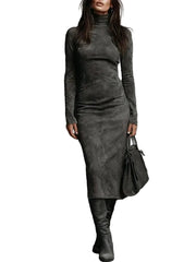 Dark Gray Women’s Joy Suede Maxi dress High Waist, Long Sleeve