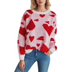 Red Women’s Round Crew Neck Heart Pullover – Sweet College Style