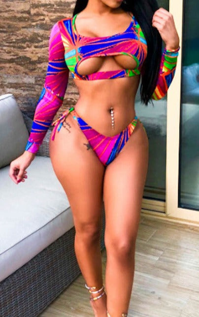 Beach Ready Long Sleeve Bikini Set  with Trendy Print
