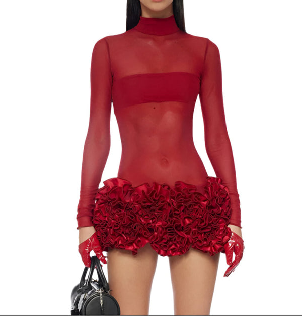 Women's Red Mock Neck Long Sleeve Sheer Mini Dress Elegant & Sexy Party Wear