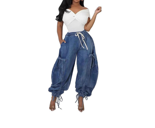 Blue Women's Baggy Wide Leg Harem Jeans Stylish Loose Straight Fit with Drawstring