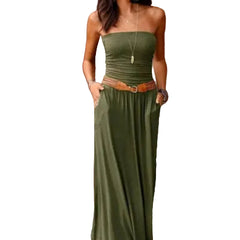 Olive Green West Keys Solid Strapless Tube Top Maxi Dress  Summer Long Dress for Women