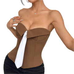 Women's Strapless Corset Bandeau Top  Solid Color Tube Top with Tie Front Design