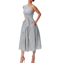 Women's One Shoulder Striped Midi Dress with Pockets Summer Bodycon Style