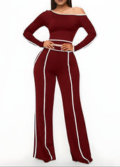 Red Fall Chic 2-Piece Set for Women – Long Sleeve Blouse & Wide-Leg High-Waist Pants