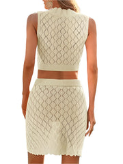 Women’s Summer Crochet Skirt Set Hollow Out Beach Cover Up Tank Top & Skirt Outfit