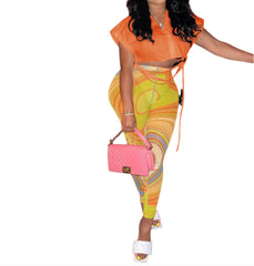 Orange Women's Sheer Two Piece Pant Set Casual Summer Outfit with Crop Top & Front Knot