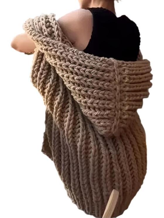 Women's Hooded Thick Knit Cardigan – Loose Fit Patterned Woven Sweater