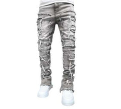 Gray Men's Stretch Patch Denim Straight-Leg Pants Comfortable Jeans with Unique Design