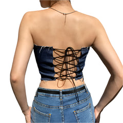 Denim Stitching Color Blocking Tube Top