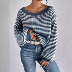 Women’s Off-Shoulder Fold over Contrast Sweater Trendy Knit Top