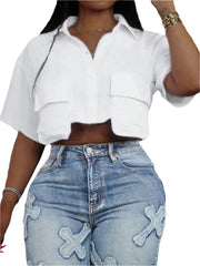 Plus Size Women’s Cropped Boyfriend May Shirt with Flap Pockets