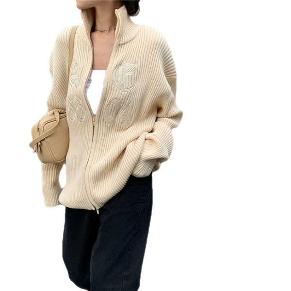 White Trendy High Neck Zip-Up Cable Knit Stylish, Warm & Cozy Cardigan