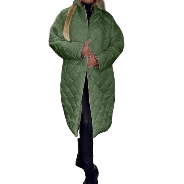 Plus Size Green Women's Diamond Quilted Puffer Coat Packable Long Jacket