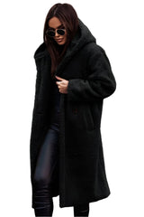 Black Women's Long Hooded Faux Sheep Wool Coat - Warm & Stylish Winter 