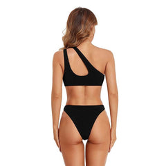 One-Shoulder Cutout Bikini Solid Color Oblique Swimsuit for Women