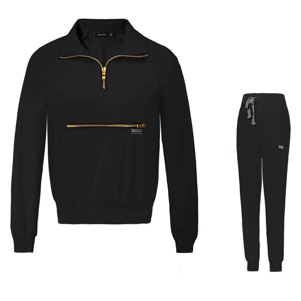 Black Women’s Scrub Set Jacket, Pullover Top & Pants Set for Nurses