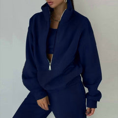 Navy Blue Women’s Velour Tracksuit Set – 2 Piece Half-Zip Pullover & Cargo Pants Lounge Outfit