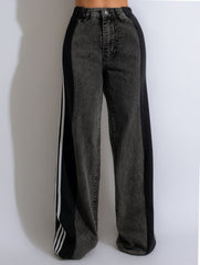 Fashion Casual High Waist Three Stripe Denim Wide Leg Pants