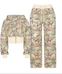 Women's Cute Camo Sweat Set Fall Hooded Lounge Set with Long Sleeve Top & Jogger Pants