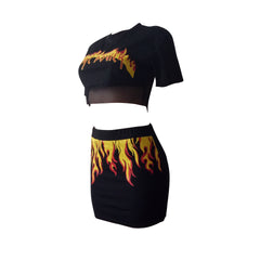 Black Flame Mesh Crop Top & Skirt Set Sexy Sheer Two-Piece Outfit for Women