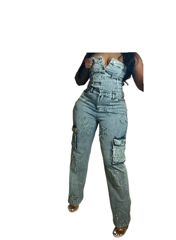 Plus Size Labor Day Ready Sky Blue Denim Corset Jumpsuit for Women Retro Style, Sleeveless, High Stretch