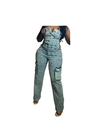 Plus Size Labor Day Ready Sky Blue Denim Corset Jumpsuit for Women Retro Style, Sleeveless, High Stretch
